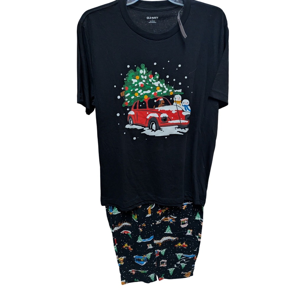 Old Navy Mens Christmas Pajama Set Large Black Red Car Tree Winter Village New